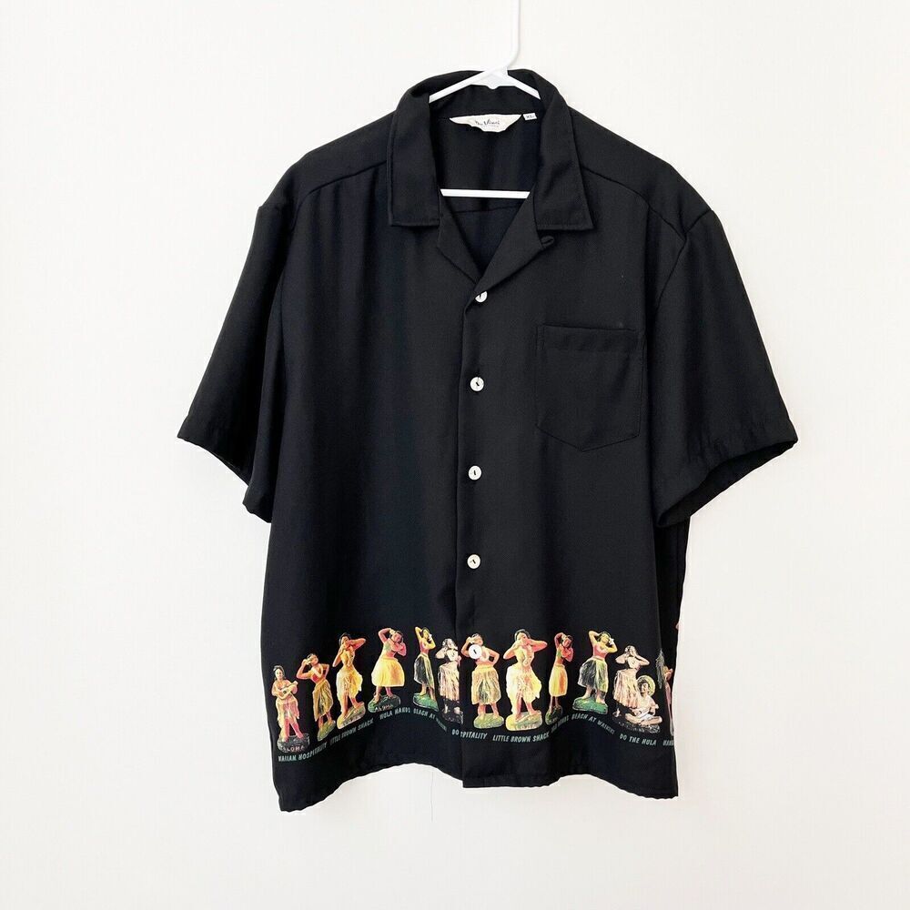 Vintage 50s 60s Hawaiian Hula Girl Shirt Mens XL Black Rockabilly Tiki MCM